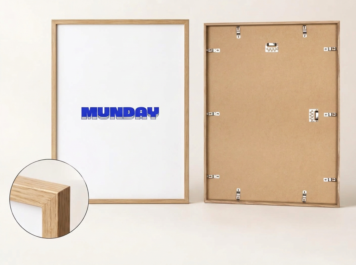 Front and back of a natural wood MUNDAY frame with hanging hardware