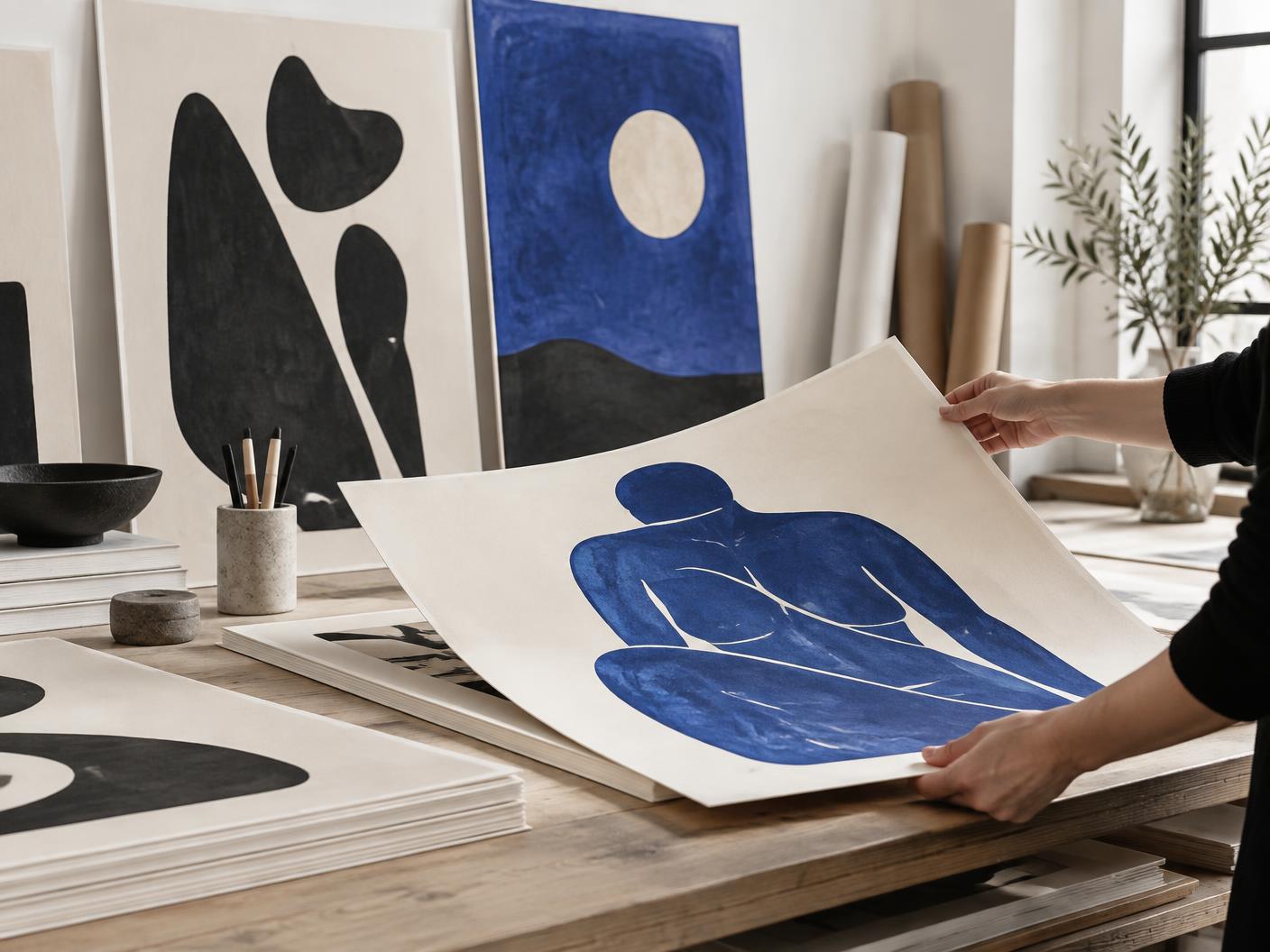 Fine-art prints being handled in a bright print studio